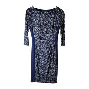 LAUREN RALPH LAUREN Blue Abstract Print Tan 3/4 Sleeve Stretch Midi Dress SZ 2P